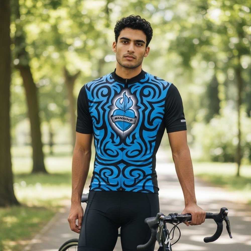 Sugoi Cycling Jersey Men's‎ M Blue Heart and Flame Graphic Short Sleeve 1/4 Zip